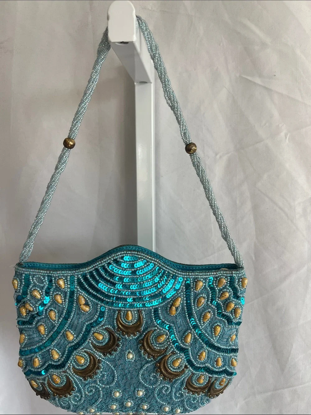 Embellished Vintage Turquoise Sequin Shoulder Bag Peacock Design Beaded Strap